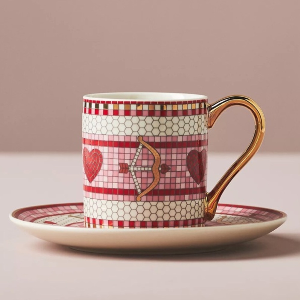 Anthropologie Stoneware Espresso Cup & Saucer Bows and Heart